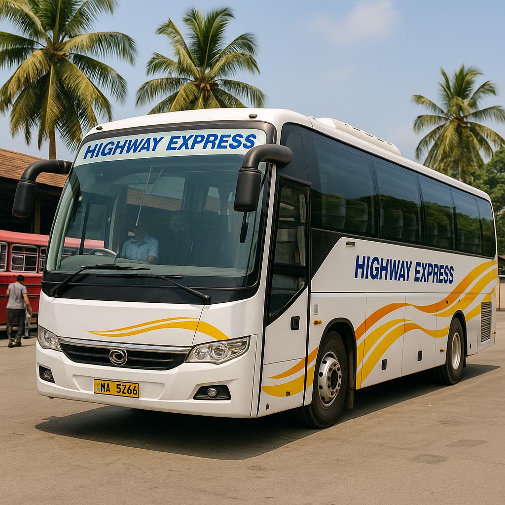 A white/blue long-distance coach (with AC) in Sri Lanka