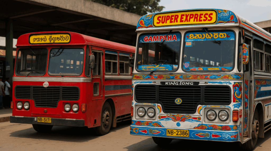 Sri Lankan buses (red state-run and privately decorated ones) at a terminal