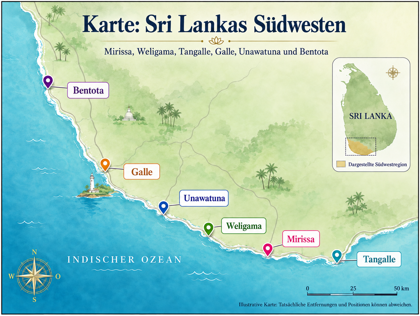 Karte der Strände im Südwesten Sri Lankas