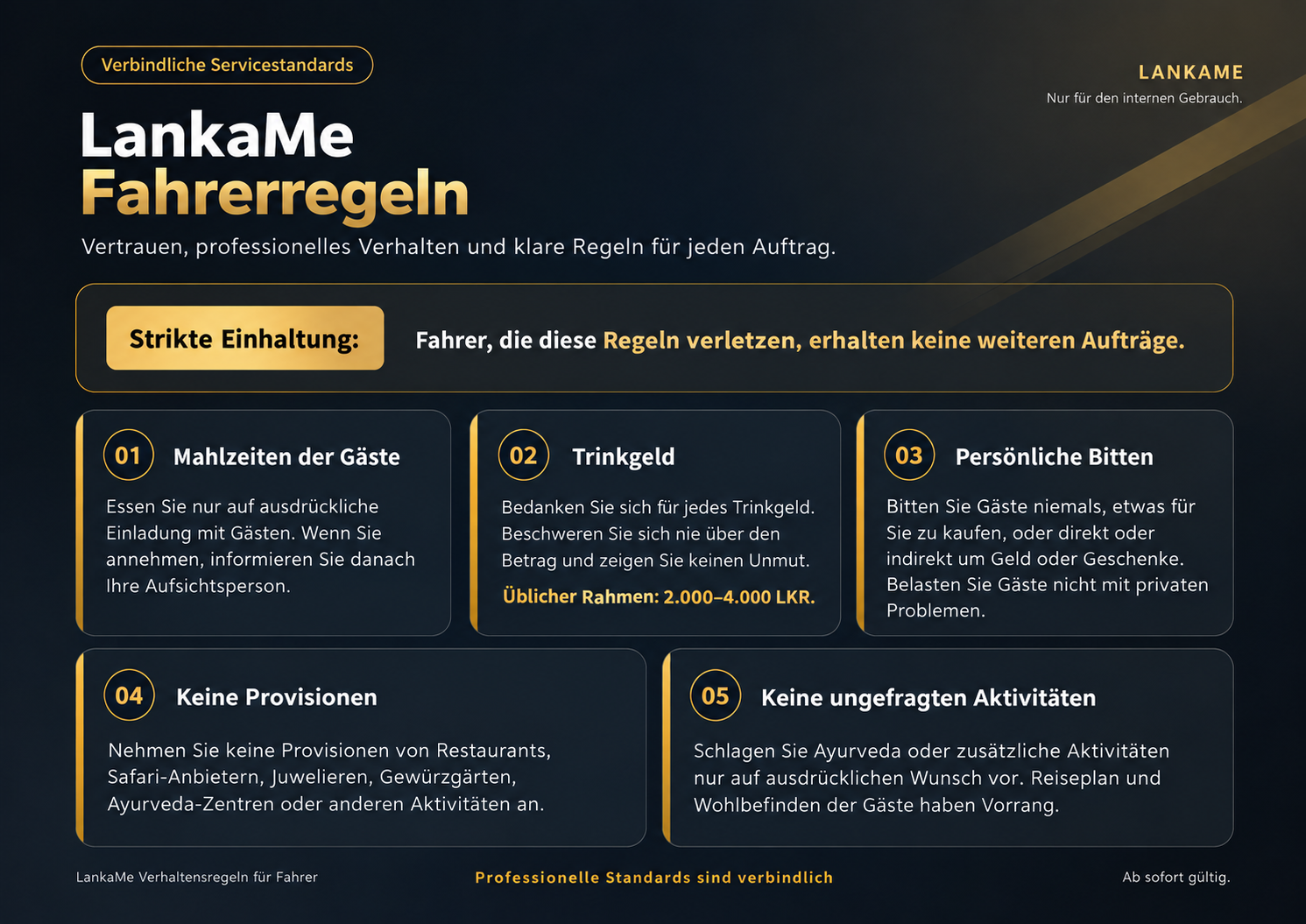 LankaMe Fahrerregeln zu Mahlzeiten, Trinkgeld, persönlichen Bitten, Provisionen und ungefragten Aktivitäten