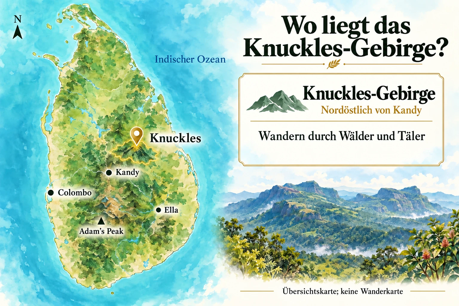Übersichtskarte des Knuckles-Gebirges nordöstlich von Kandy