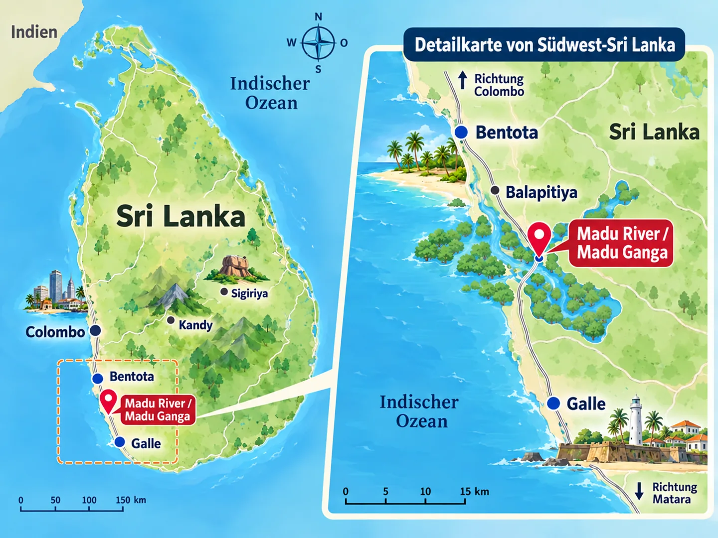 Karte des Madu River an Sri Lankas Südwestküste mit Bentota, Balapitiya und Galle