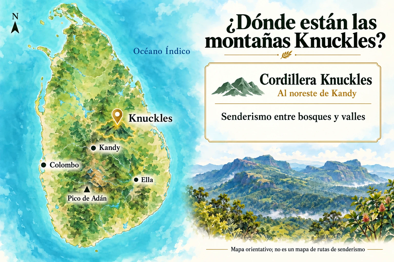 Mapa de la cordillera Knuckles al noreste de Kandy