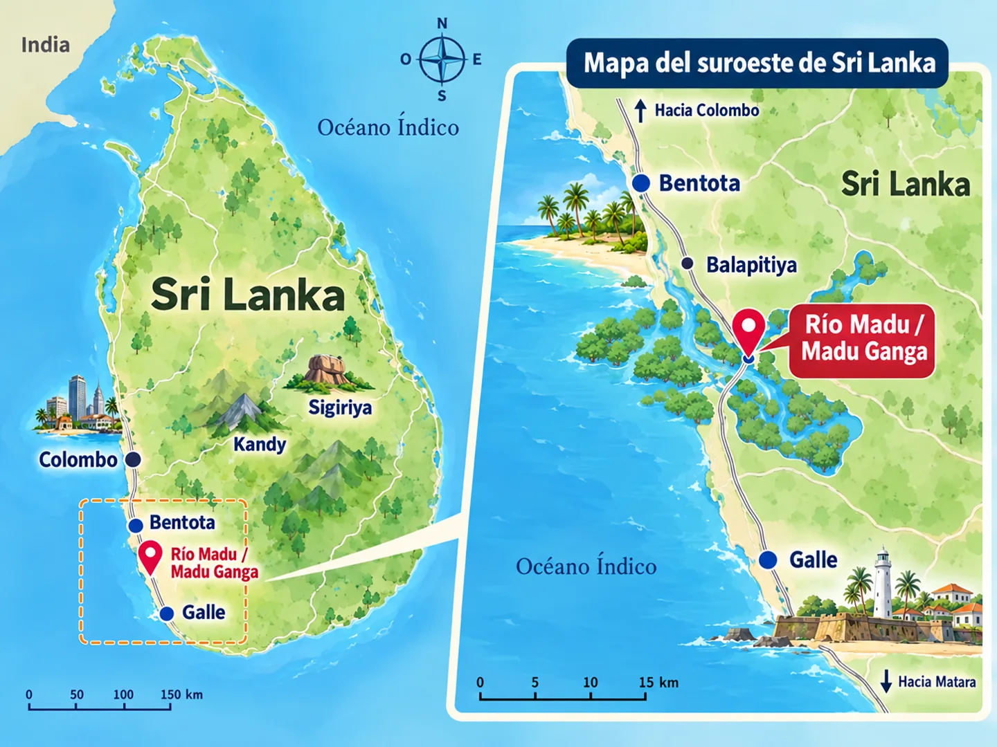 Mapa del río Madu en la costa suroeste de Sri Lanka, con Bentota, Balapitiya y Galle