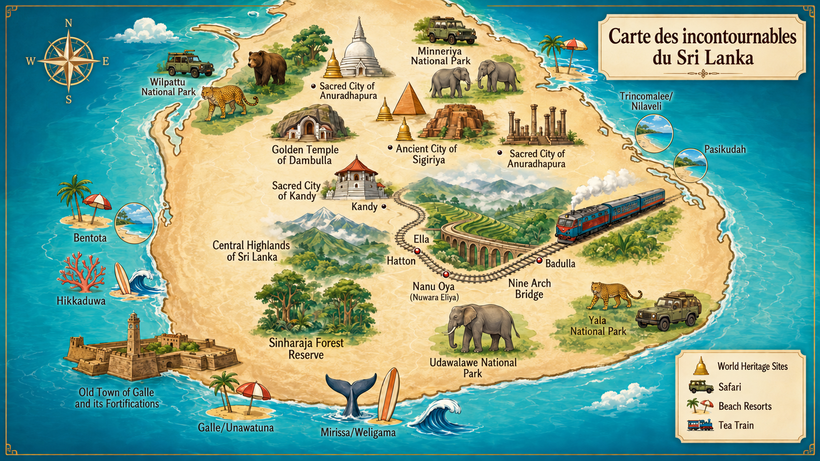 Carte des principales régions touristiques du Sri Lanka