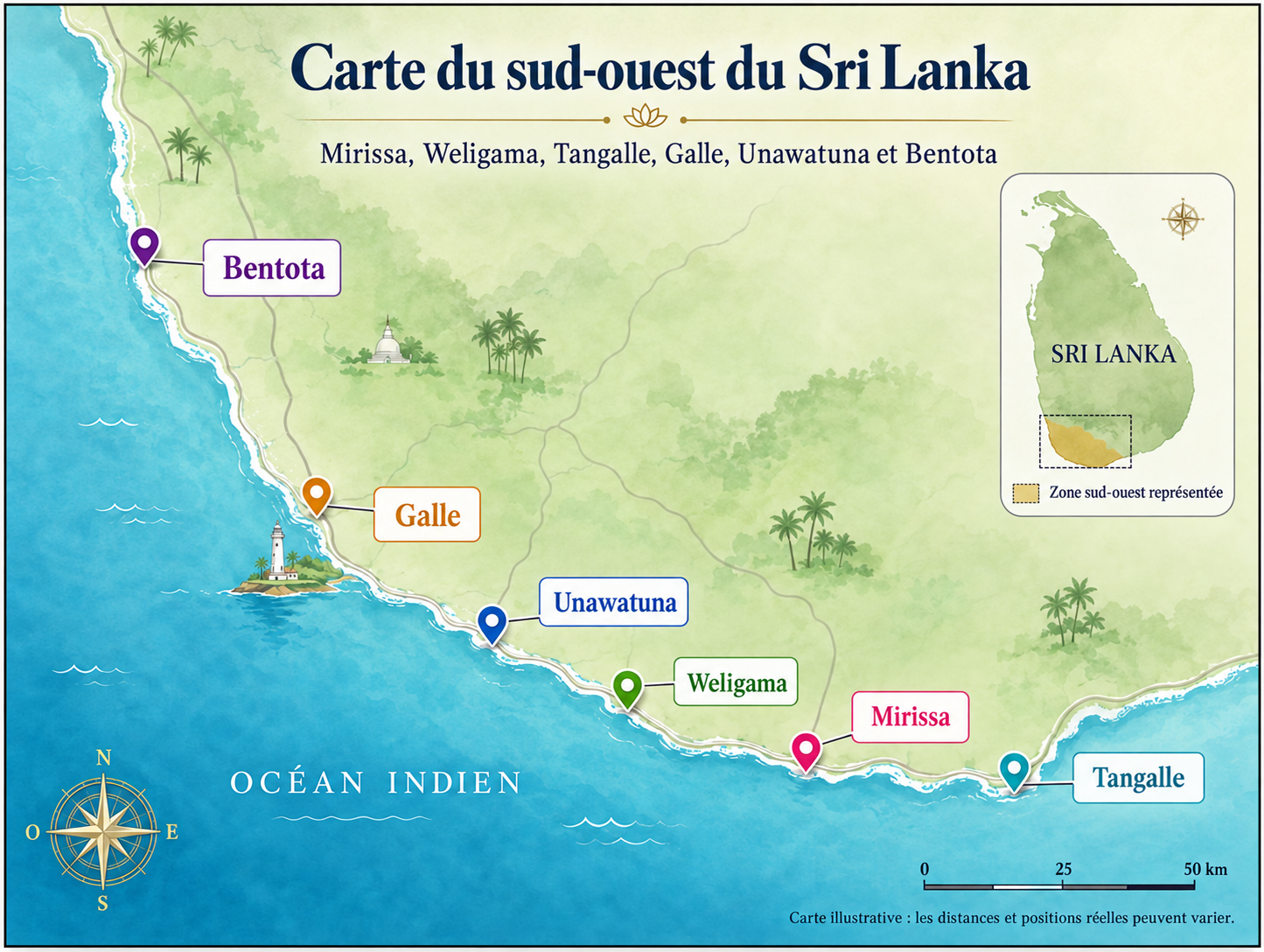 Carte des plages du sud-ouest du Sri Lanka