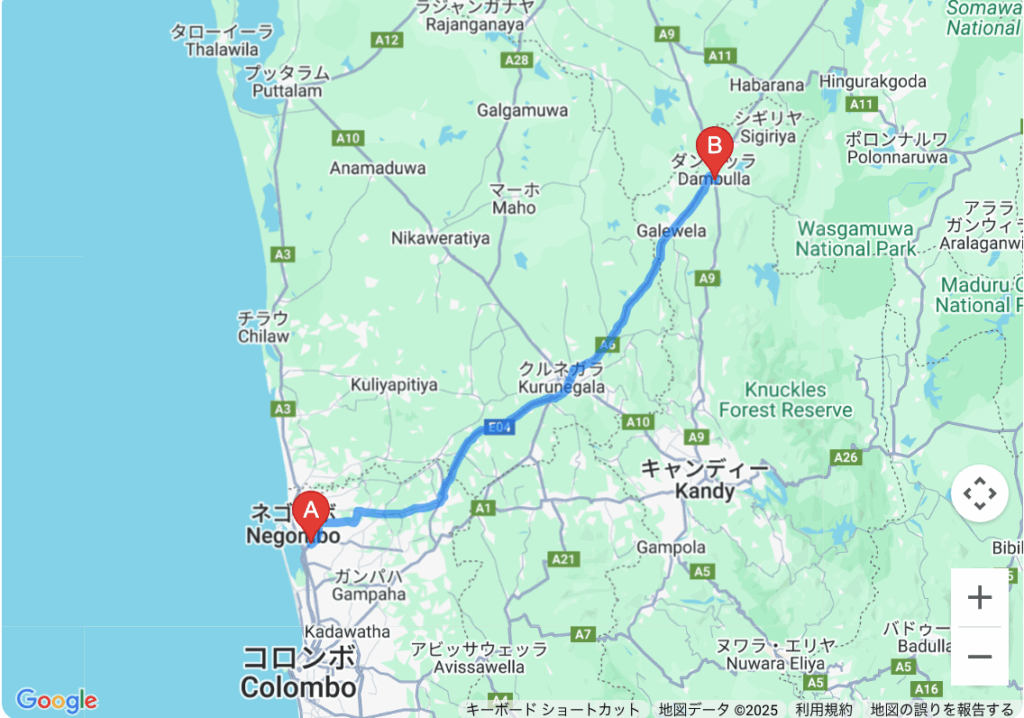 バンダラナイケ国際空港からダンブッラ石窟寺院までの経路