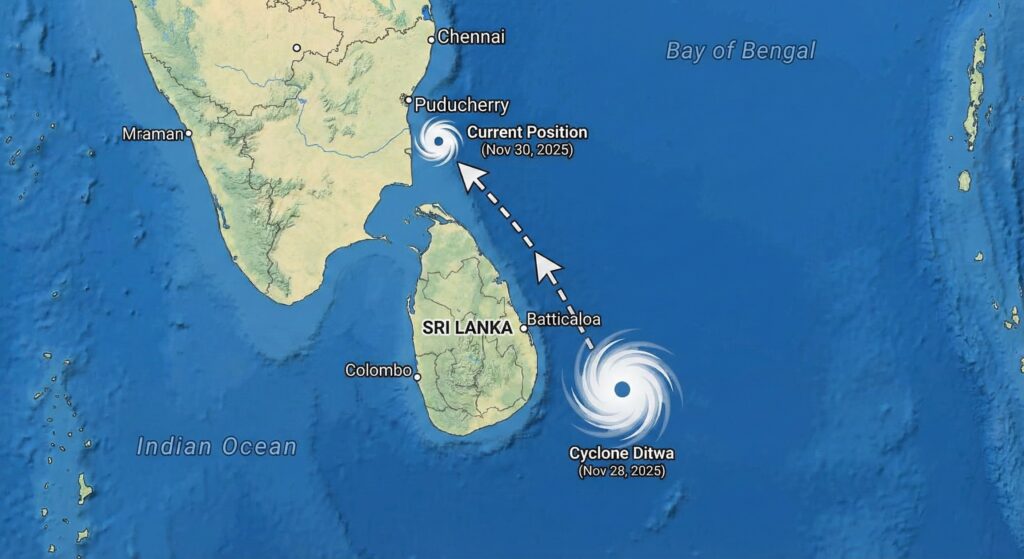 現在のサイクロン「ディトワ」の位置