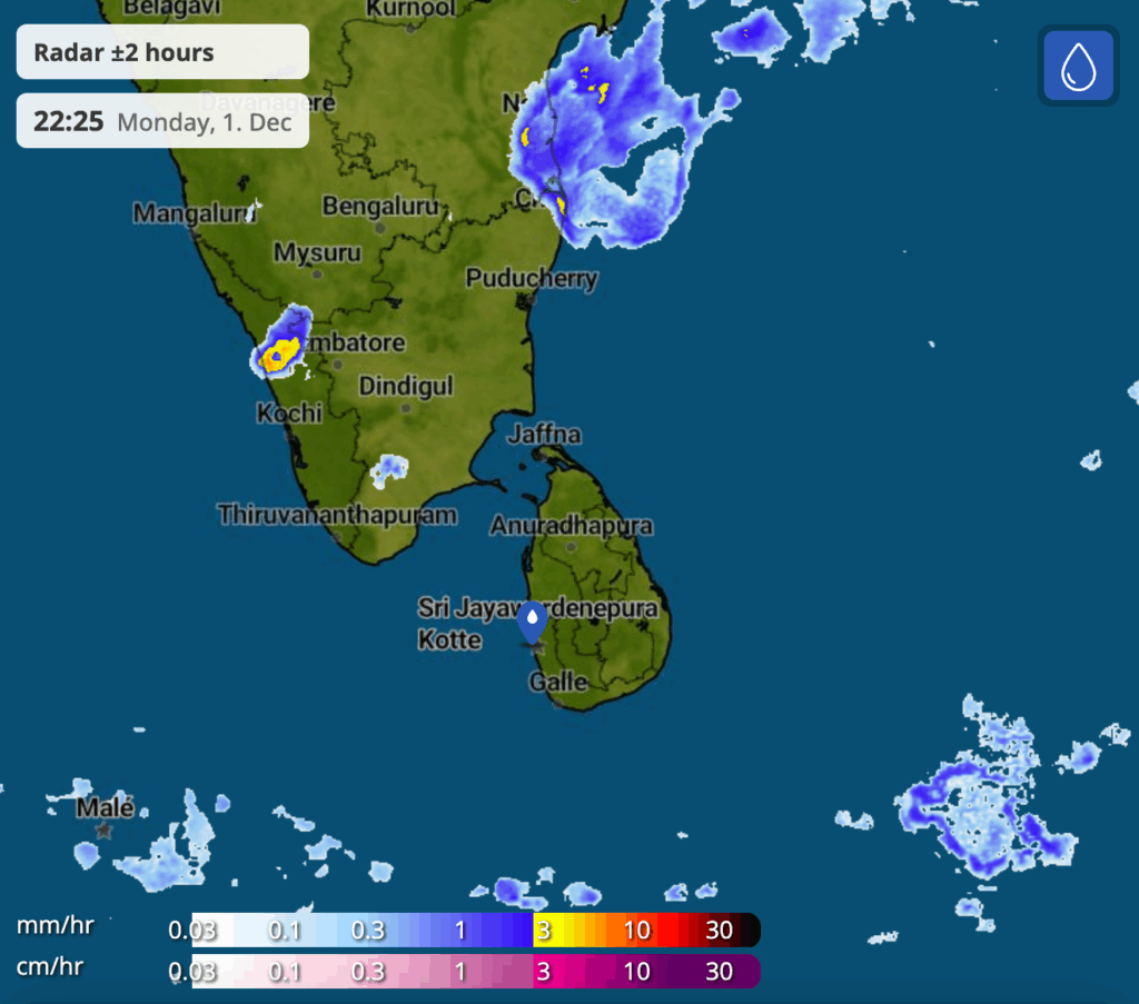 12月2日時点のスリランカの雨雲レーダー