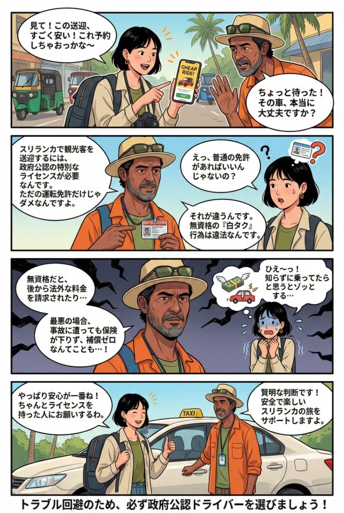 違法な白タク運転手に当たってしまうと、法外な料金を請求されたり、万が一事故に遭った場合に補償が受けられなかったりするリスクがあります。

実際、極端に安い料金をうたう非公式の送迎サービスでは、普通の運転免許しか持たない無資格ドライバーが平然と配車されていたという報告もあります。旅行者側が気付かぬうちに危険にさらされているケースも少なくありません。

こうしたリスクを避けるためにも、必ず政府公認のライセンスを持つドライバーを利用することが大切です。

予約前に「観光ドライバーの資格を持っていますか？」と確認したり、公認IDカードを提示してもらうと安心です。信頼できる会社経由で手配する場合は基本的に公認ドライバーが担当しますが、個人で手配する場合は資格の有無を見分ける注意が必要です。