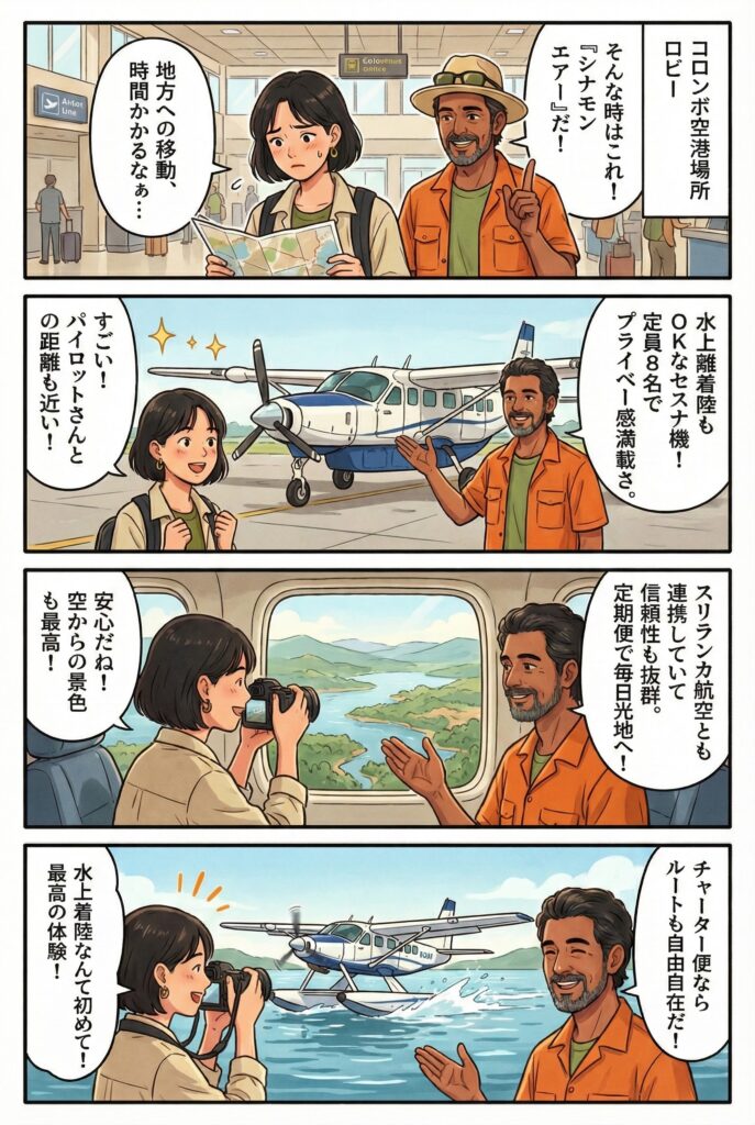 スリランカ国内のエアタクシーサービスである Cinnamon Air（シナモンエアー） が運航する小型飛行機。水上離着陸も可能なセスナ208型（水陸両用機）で、乗客定員は約8名です。これらの小型機は客席と操縦席の距離も近く、プライベートチャーターに近い特別感のある空の旅を楽しめます。

シナモンエアーはスリランカ唯一の本格的な国内航空（いわゆる「エアタクシー」）サービスで、スリランカ航空ともコードシェア提携しており信頼性も折り紙付きです。

定期便（スケジュールフライト）と希望ルート・時間で飛べるチャーター便があり、定期便はコロンボ近郊のバンダラナイケ国際空港（Colombo BIA）を拠点に各観光地へ毎日就航しています。