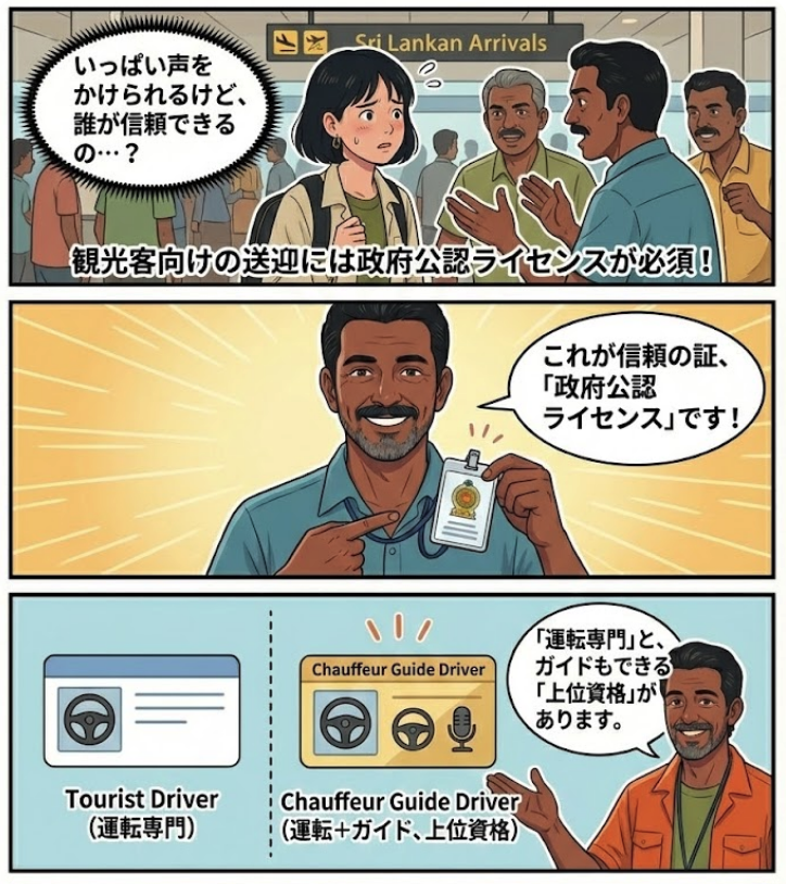 スリランカ政府は観光産業の質を保つためにドライバー資格制度を整備しており、大きく分けて「Tourist Driver（ツーリストドライバー）」と「Chauffeur Guide Driver（ショーファーガイドドライバー）」という2種類のライセンスがあります。