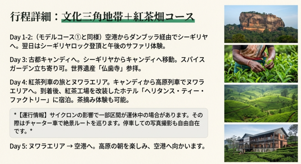 【近郊プレミアム】モデルコース②：文化三角地帯+茶畑(世界遺産3つ＋サファリ＋バワホテルorアーユルヴェーダ+茶畑)