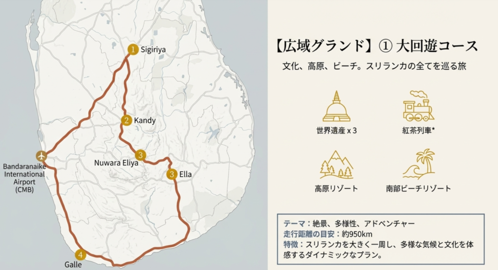 モデルコース①：大回遊コース(世界遺産3+茶畑+ビーチリゾート)