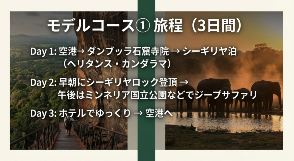 モデルコース①：シーギリヤ周辺集中(世界遺産2つ＋サファリ＋バワホテル)
