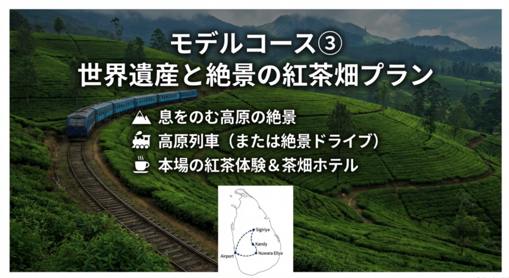 モデルコース③：シーギリヤと茶畑を巡るプラン(世界遺産1つ＋茶畑+バワホテル)