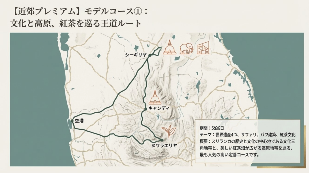 【近郊プレミアム】モデルコース①：文化三角地帯集中+ヌワラエリヤ(世界遺産4つ＋サファリ＋バワホテルorアーユルヴェーダ)