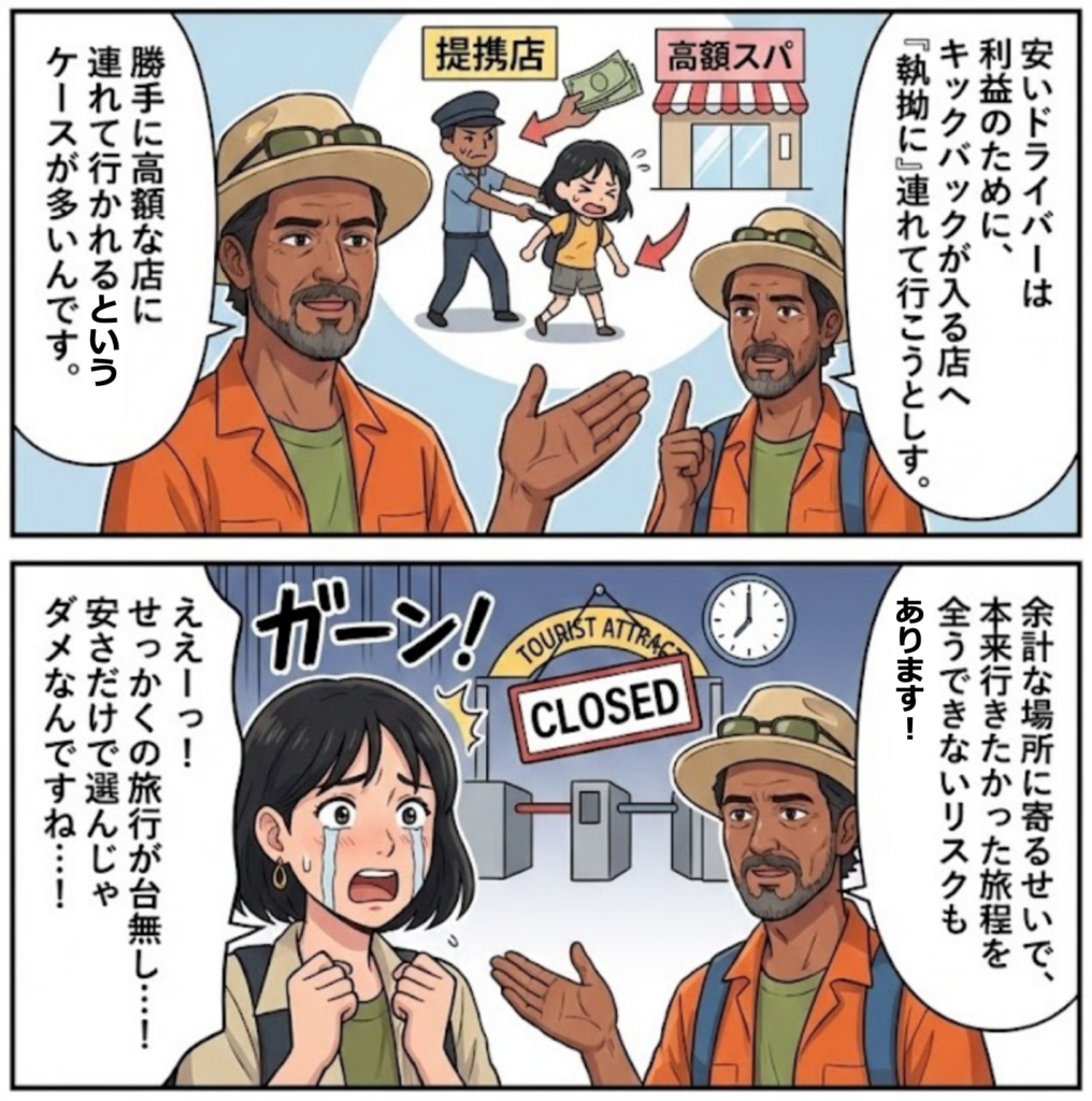 キックバックがある店に連れて行こうとする低品質のドライバー