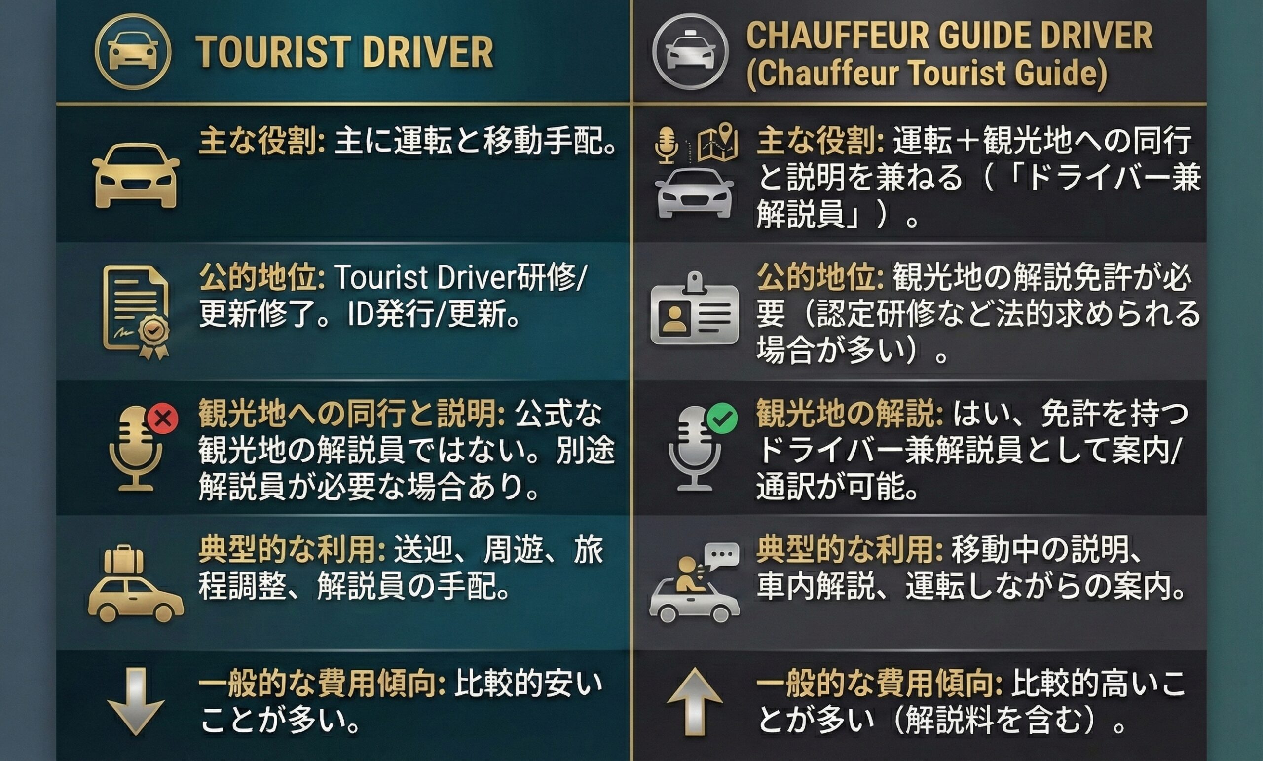 Tourist DriverとChauffeur Guide Driverの違いの説明