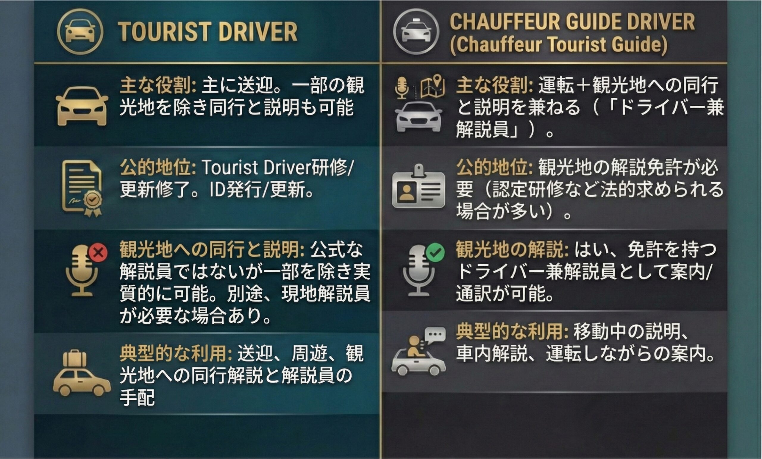 Tourist DriverとChauffeur Guide Driverの違いの説明