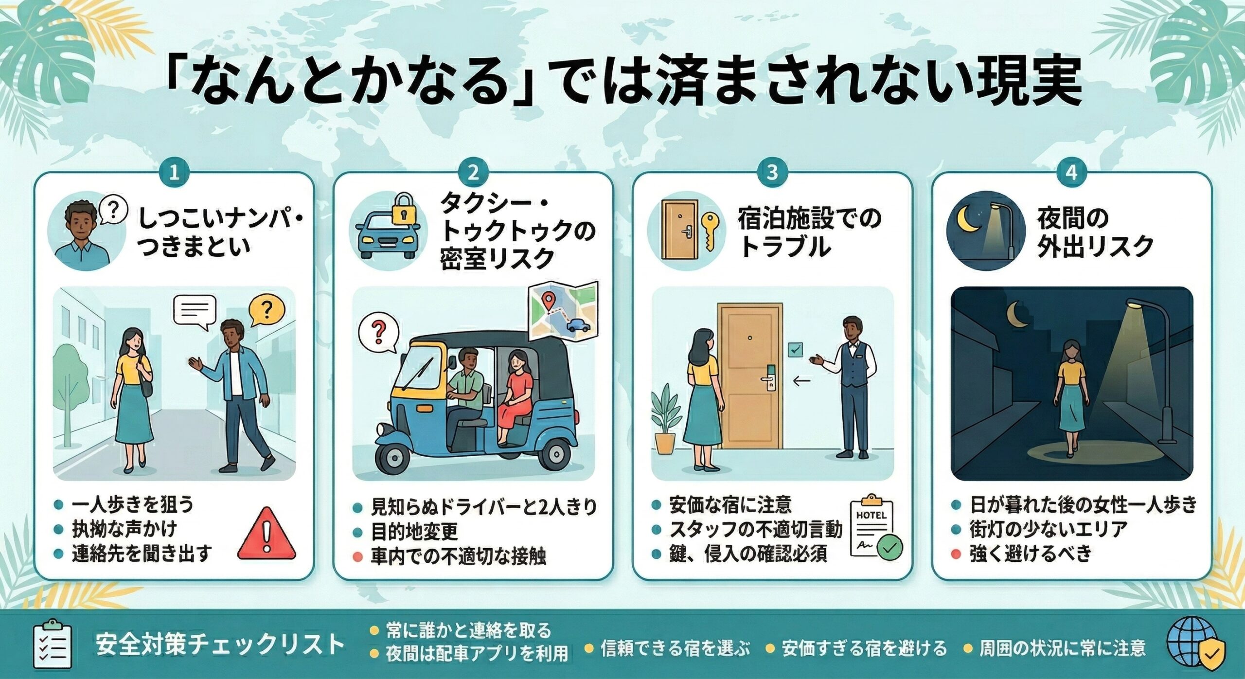 しつこいナンパ・つきまとい: 一人で歩いている女性に対して、執拗に声をかけてくる男性は少なくありません。最初はフレンドリーに見えても、しつこくついてきたり、連絡先を聞き出そうとしたりするケースがあります。
タクシーやトゥクトゥクでの密室リスク: 見知らぬドライバーと二人きりになる移動手段は、女性にとって最もリスクが高い場面のひとつです。目的地と異なる場所に連れて行かれる、車内で身体を触られるといった被害が、残念ながらゼロではありません。
宿泊施設でのトラブル: 安価なゲストハウスでは、スタッフによる不適切な言動が報告されることもあります。部屋の鍵がしっかりかかるか、窓やバルコニーからの侵入が可能ではないかなど、チェックイン時に確認すべきことは多くあります。
夜間の外出リスク: 日が暮れた後の一人歩きは、女性にとってリスクが格段に高まります。街灯が少ないエリアも多く、暗い夜道を一人で歩くことは強く避けるべきです。