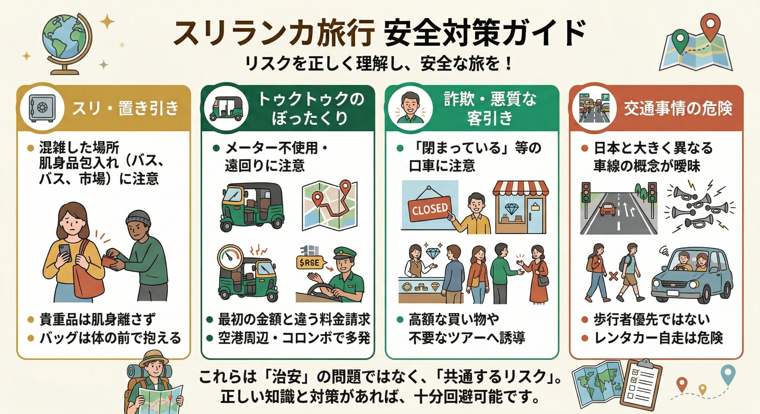 スリ・置き引き: 混雑したバスや市場では、スリや置き引きの被害が報告されています。貴重品は肌身離さず持ち、バッグは体の前で抱えるなどの基本的な対策が必要です。
トゥクトゥク(三輪タクシー)のぼったくり: メーターを使わない、遠回りをする、最初に言った金額と異なる料金を請求するなど、観光客を狙ったぼったくりは日常的に起こります。特に空港周辺やコロンボ市内で多発しています。
詐欺・悪質な客引き: 「閉まっているからこっちの店に行こう」「特別なセレモニーがある」など、言葉巧みに高額な買い物や不要なツアーに誘導するケースがあります。
交通事情の危険: スリランカの道路事情は日本とは大きく異なります。車線の概念が曖昧で、クラクションが飛び交い、歩行者が優先されることはまずありません。レンタカーでの自走は、慣れていない方には極めて危険です。
これらは「治安が悪い」というよりも、「発展途上の観光地に共通するリスク」と捉える方が正確でしょう。正しい知識と対策があれば、十分に回避できるものばかりです。