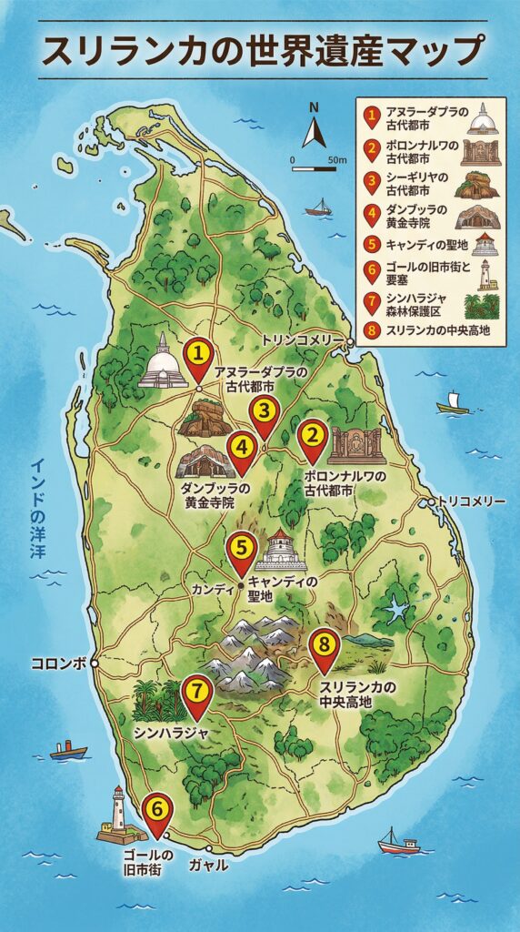 スリランカの8つの世界遺産の場所