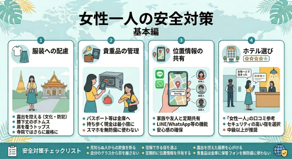 服装への配慮: スリランカは仏教国であり、露出の多い服装は文化的にも防犯的にも避けるべきです。膝下丈のスカートやパンツ、肩を覆うトップスを基本にしましょう。寺院の参拝時には、さらに厳格な服装規定がある場合もあります。
貴重品の管理: パスポートや大金はホテルのセーフティボックスに預け、持ち歩く現金は最小限にしましょう。スマートフォンも、人前で無防備に使い続けるのは避けたいところです。
位置情報の共有: 日本の家族や友人と、定期的に現在地を共有する仕組みを作っておきましょう。LINEやWhatsAppのリアルタイム位置共有機能が便利です。
ホテル選びは慎重に: レビューサイトで「女性一人で泊まった」という口コミを参考に、安全性の高い宿を選びましょう。少し予算を上げてでも、セキュリティのしっかりした中級以上のホテルを選ぶことを強くおすすめします。
飲食の場面での注意: 見知らぬ人から勧められた飲み物は断る、自分のグラスから目を離さないなど、基本的な自己防衛意識を持ちましょう。