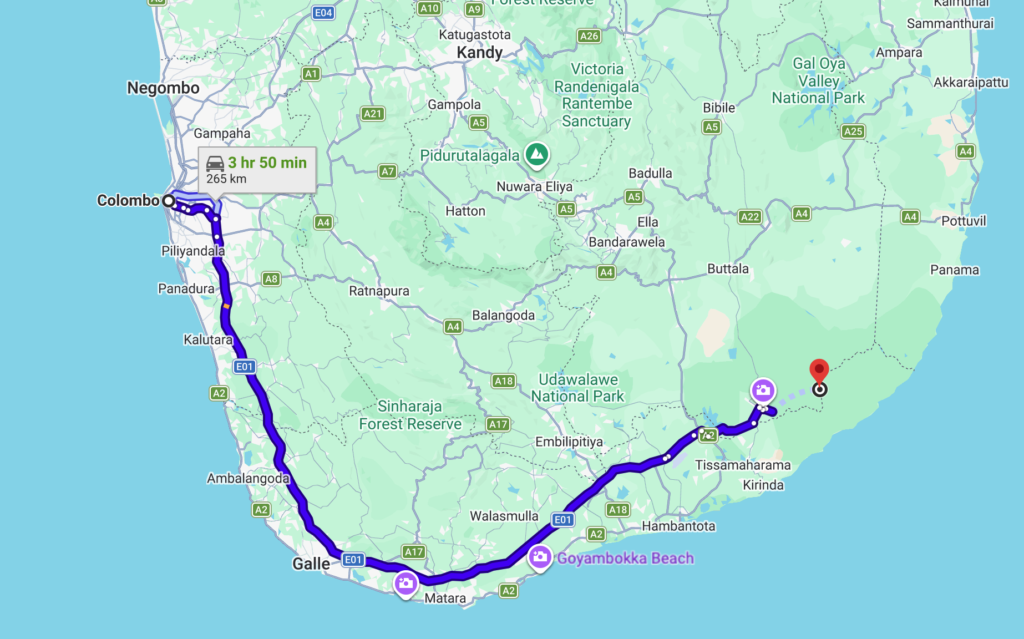 コロンボからヤーラ国立公園の距離と時間