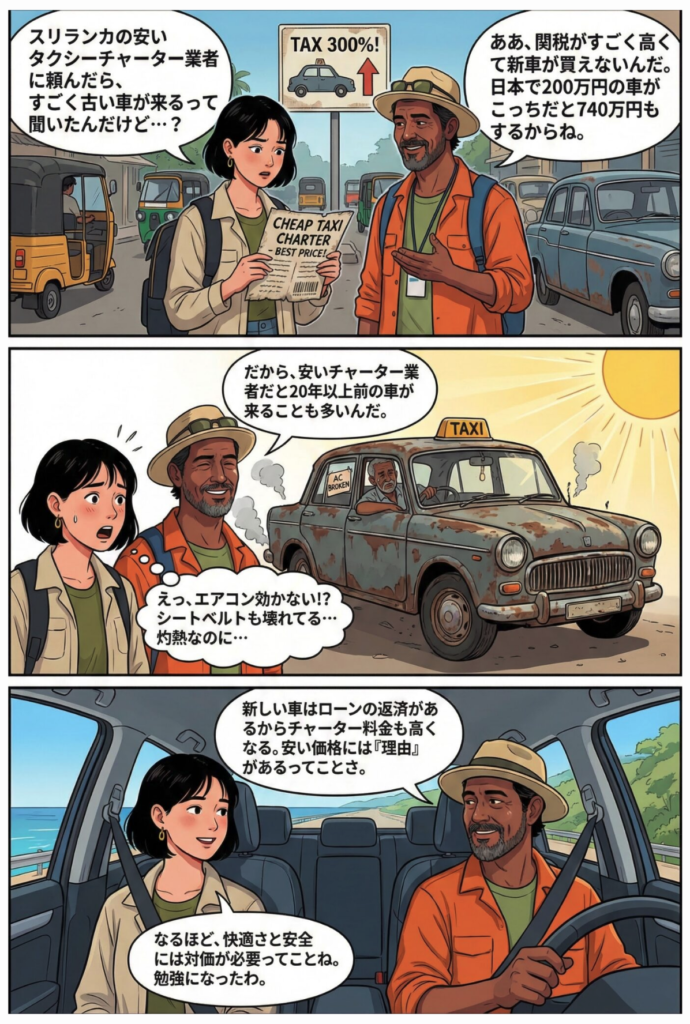 スリランカで安いタクシーチャーター会社で手配するとおんぼろな車が来るという説明