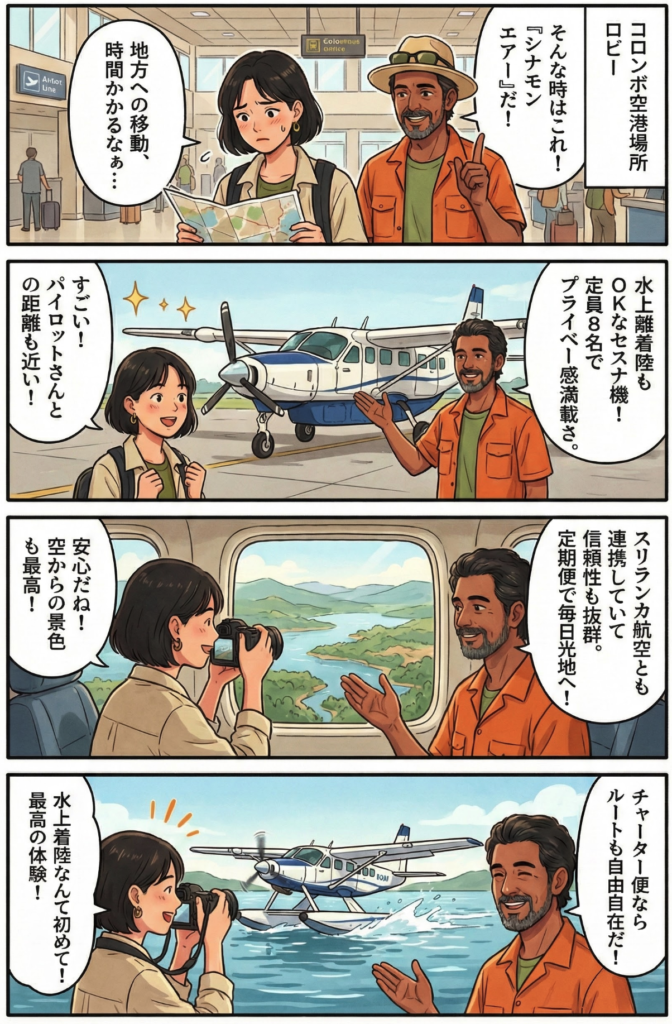 スリランカ国内のエアタクシーサービスである Cinnamon Air（シナモンエアー） が運航する小型飛行機。水上離着陸も可能なセスナ208型（水陸両用機）で、乗客定員は約8名です。これらの小型機は客席と操縦席の距離も近く、プライベートチャーターに近い特別感のある空の旅を楽しめます。

シナモンエアーはスリランカ唯一の本格的な国内航空（いわゆる「エアタクシー」）サービスで、スリランカ航空ともコードシェア提携しており信頼性も折り紙付きです。

定期便（スケジュールフライト）と希望ルート・時間で飛べるチャーター便があり、定期便はコロンボ近郊のバンダラナイケ国際空港（Colombo BIA）を拠点に各観光地へ毎日就航しています。
