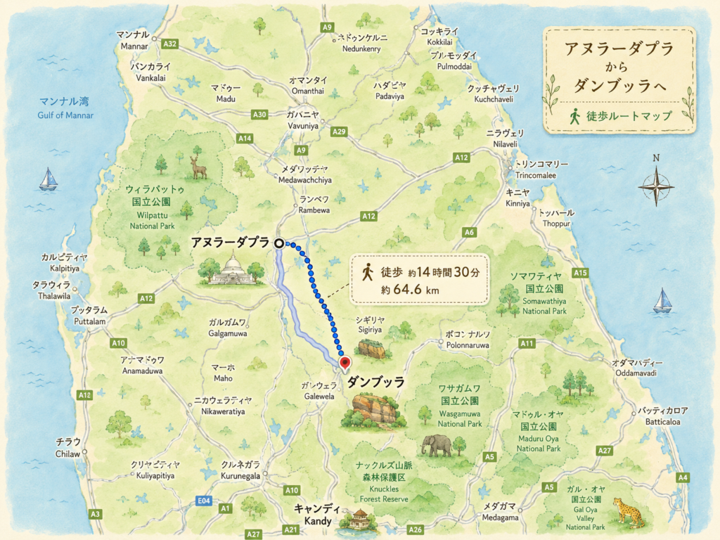 アヌラーダプラからダンブッラへの徒歩の距離と時間