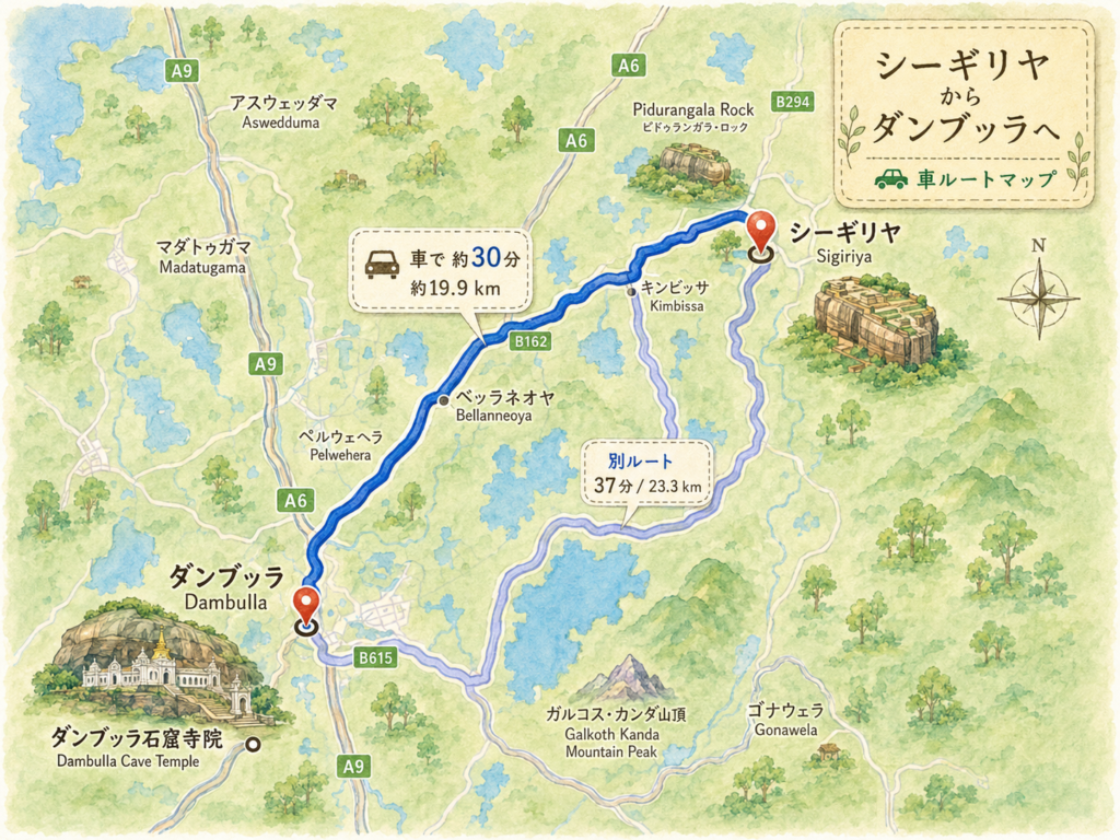 ダンブッラ石窟寺院とシーギリヤロックの距離