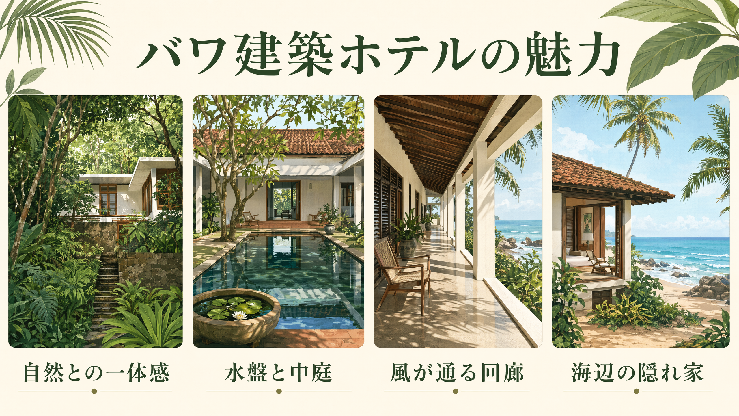 自然との一体感、水盤と中庭、風が通る回廊、海辺の隠れ家を示したバワ建築ホテルの説明画像