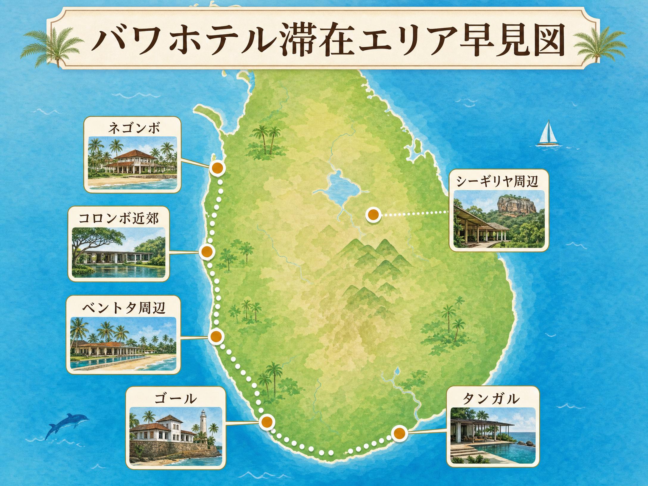 ネゴンボ、コロンボ近郊、ベントタ周辺、シーギリヤ周辺、ゴール、タンガルを示したバワホテル滞在エリア早見図