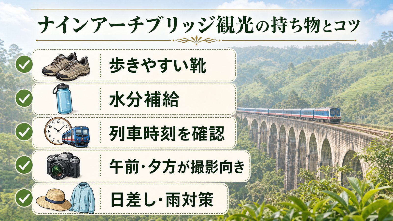 ナインアーチブリッジ観光で準備したい持ち物と撮影のコツをまとめたチェックリスト