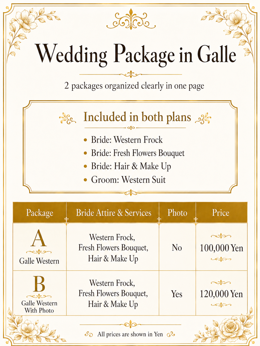 Galleの西洋式ウェディングドレスプラン料金一覧