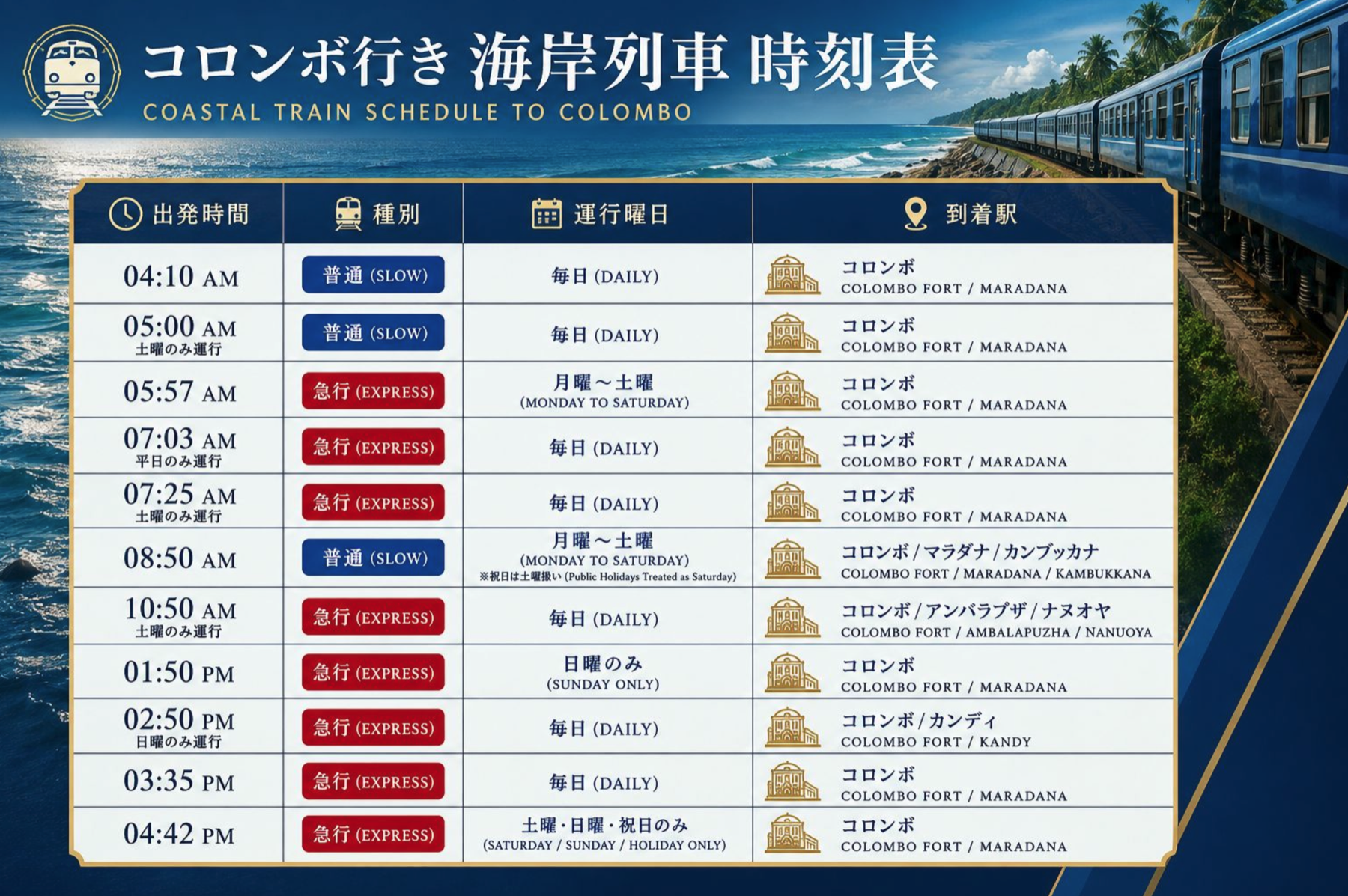 ゴールからコロンボ行き海岸列車の時刻表