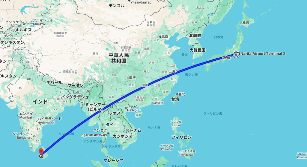 成田からコロンボへの直行便ルート