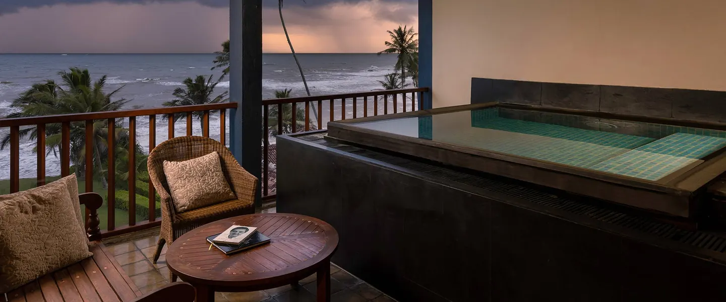 Private plunge pool at Jetwing Lighthouse overlooking the ocean at sunset