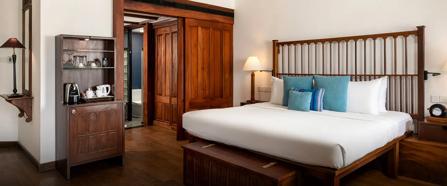 Luxury Room interior with wooden furniture and blue cushions