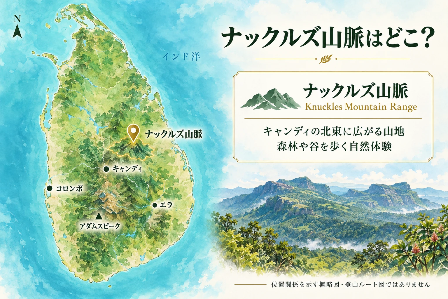 キャンディ北東に広がるナックルズ山脈の位置を示す地図