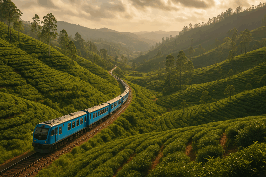 A Sri Lankan train snaking through lush tea plantation hills