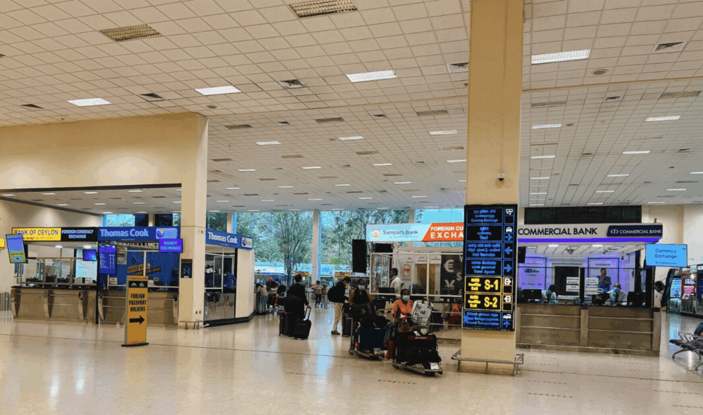ATMs and bank currency exchange counters at Colombo Bandaranaike International Airport. 