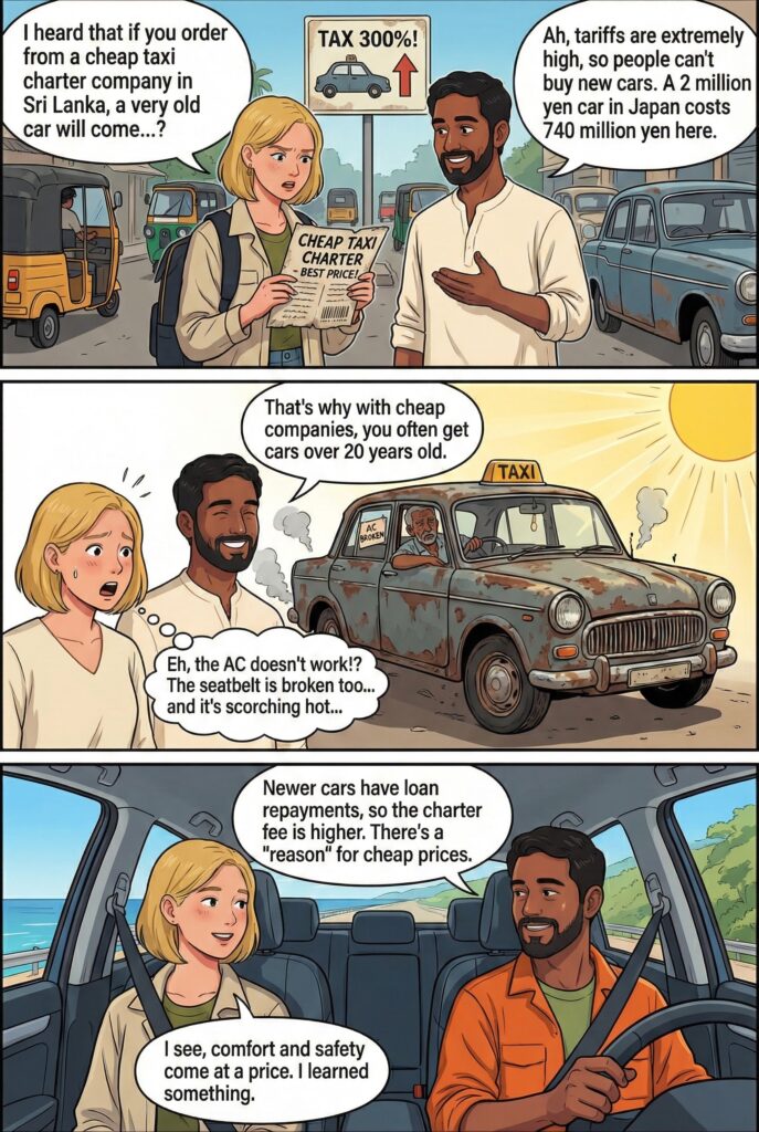 An explanation that if you book through a cheap taxi charter company in Sri Lanka, a beat-up old car may show up.