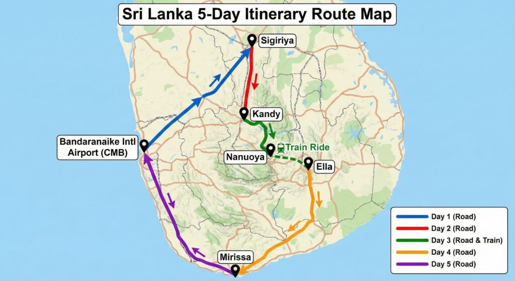 Sri Lanka 5day itinerary route map