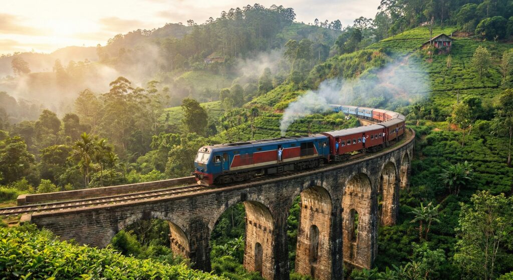 A Sri Lankan train crossing the Nine Arches Bridge.