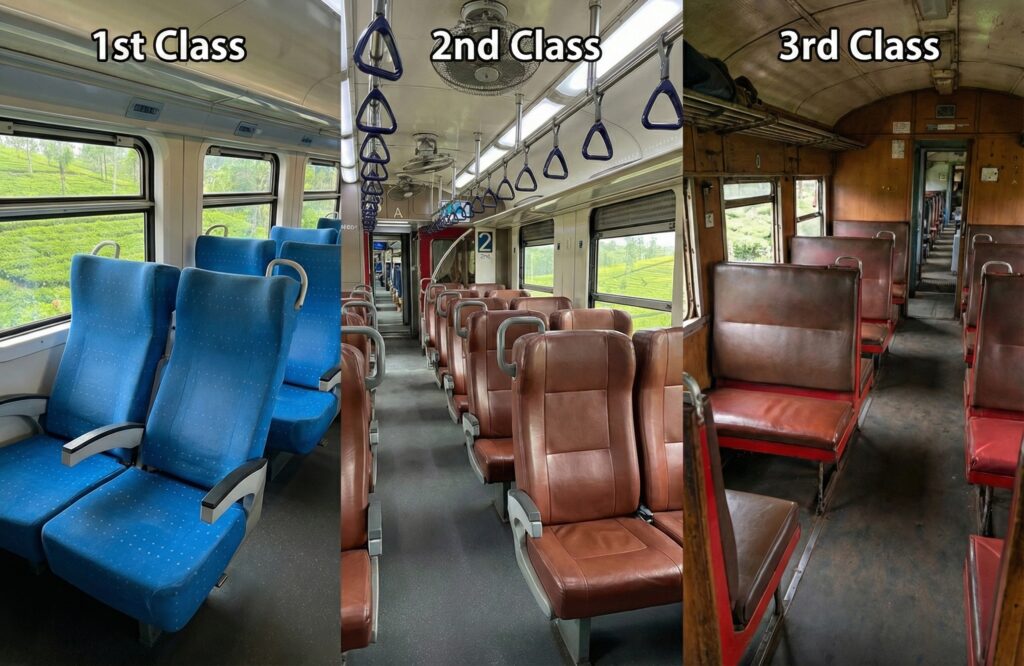 Seat classes on Sri Lanka Railways (1st class, 2nd class, 3rd class)