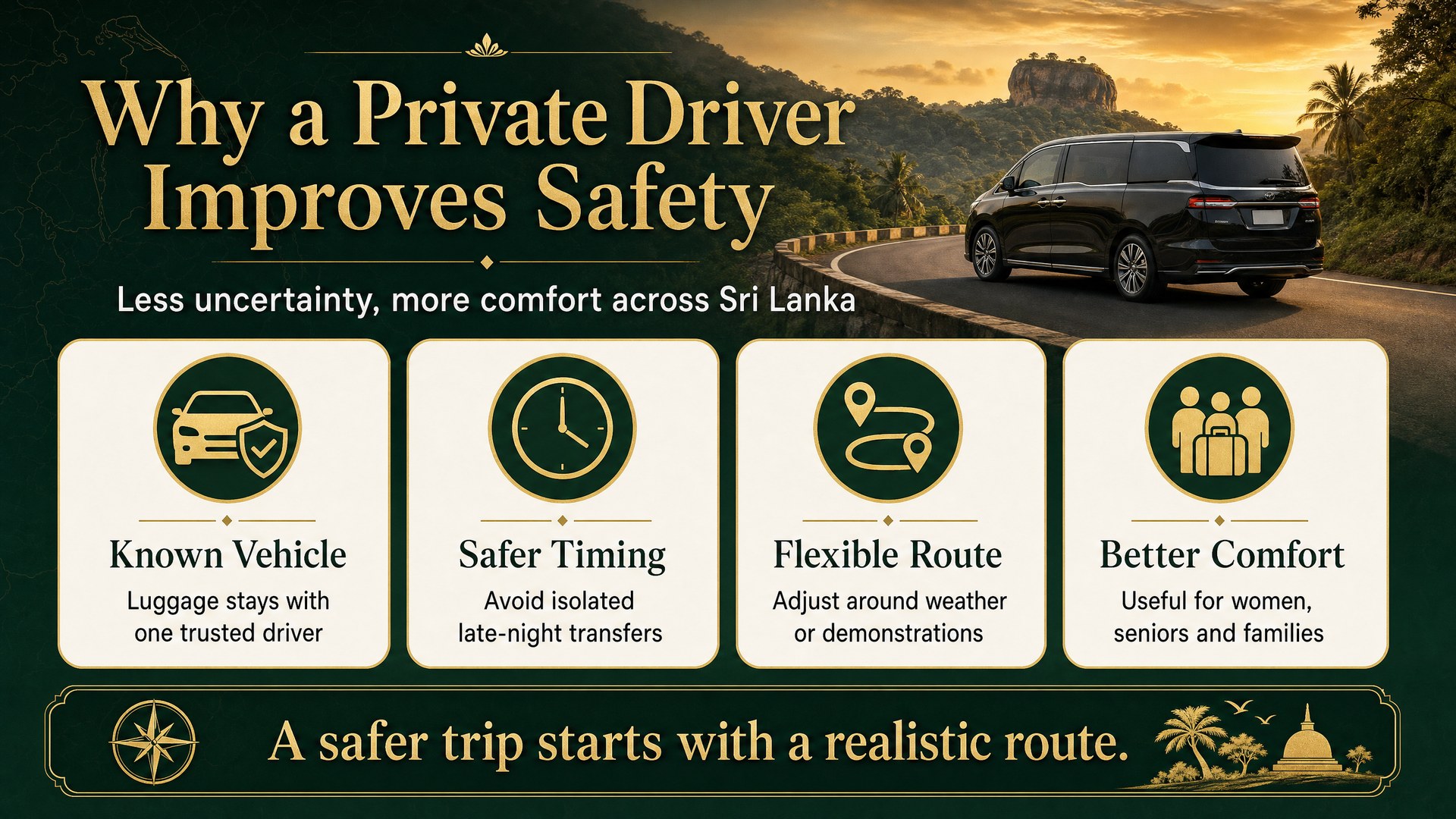 Private driver safety advantages in Sri Lanka infographic for European travellers