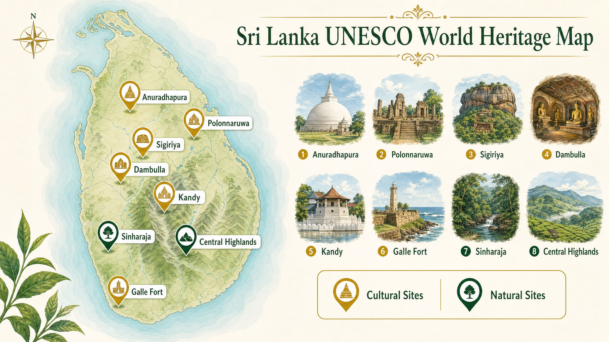 Map infographic showing the eight UNESCO World Heritage Sites of Sri Lanka